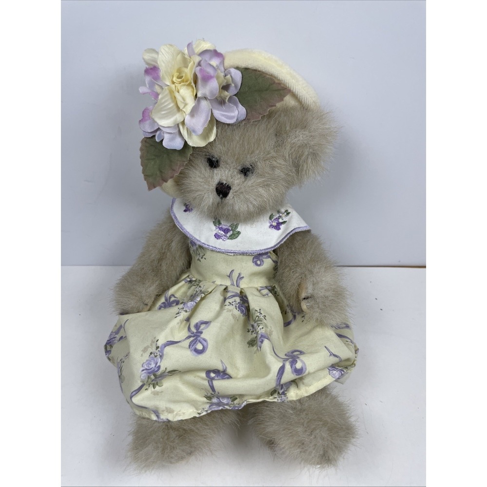 Bearington Collection Plush Teddy Bear Floral Dress Hat Flower 11" Vintage Style